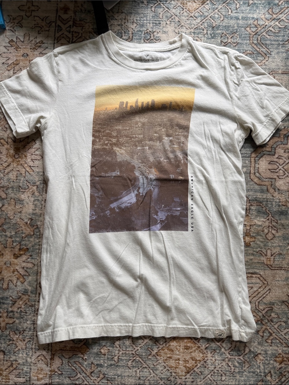 American Eagle Outfitters White Tee with Brown and Yellow City Graphic